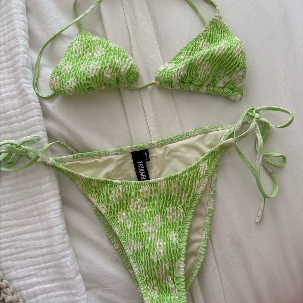 Triangl green and White Bikini Set